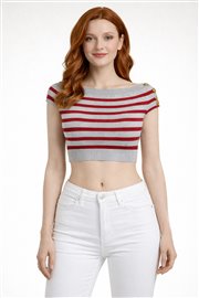 Marin Stil Çizgili Kayık Yaka Triko Kazak Bluz