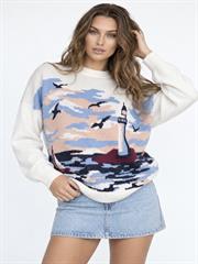 Kadın Premium Triko Manzara Desenli Oversize Kazak